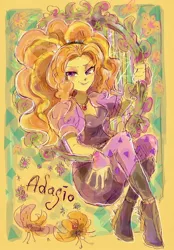 Size: 1390x1998 | Tagged: safe, artist:osawari64, derpibooru import, adagio dazzle, equestria girls, rainbow rocks, female, flower, sitting, smiling, solo