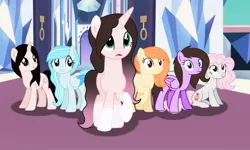 Size: 1280x767 | Tagged: safe, artist:cindydreamlight, derpibooru import, oc, oc:blue flower, oc:cindy, oc:krystal lee, oc:pink cupcake, oc:purple cloud, oc:sweet apple, unofficial characters only, earth pony, pegasus, pony, unicorn, base used, female, mare