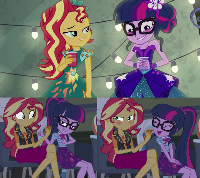 Size: 1218x1084 | Tagged: safe, derpibooru import, screencap, bulk biceps, sci-twi, sunset shimmer, trixie, twilight sparkle, cheer you on, equestria girls, equestria girls series, legend of everfree, spoiler:eqg series (season 2), bare shoulders, blushing, canterlot high, crystal gala dress, drink, equestria girls season 2, female, geode of empathy, geode of telekinesis, implied flashimmer, implied shipping, implied straight, implied timbertwi, magical geodes, offscreen character, sleeveless, smiling, strapless