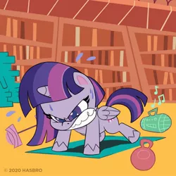Size: 1080x1080 | Tagged: safe, derpibooru import, official, part of a set, twilight sparkle, twilight sparkle (alicorn), alicorn, pony, my little pony: pony life, angry, barbell, book, bookshelf, exercise, female, folded wings, gritted teeth, kettlebell, mare, push-ups, radio, solo, sweat, weight, wings, workout