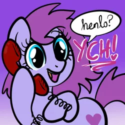 Size: 2100x2100 | Tagged: safe, artist:lannielona, derpibooru import, pony, advertisement, commission, female, gradient background, henlo, hoof hold, mare, open mouth, phone, smiling, solo, speech bubble, talking, telephone, twiddling, your character here