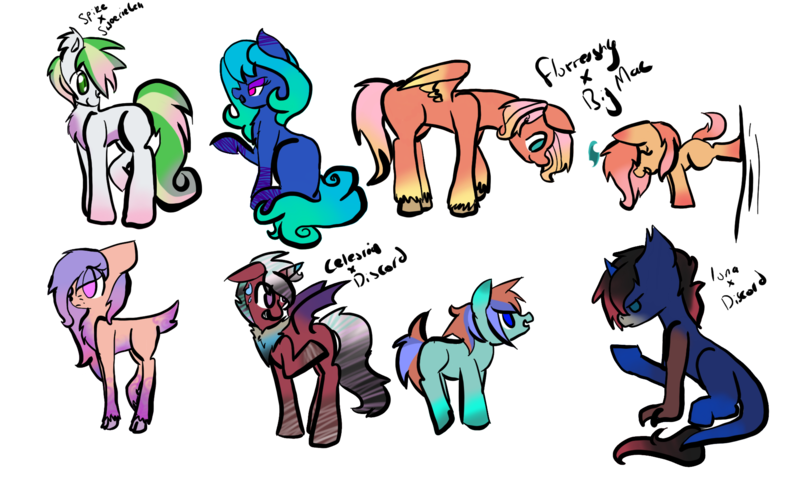 Size: 2000x1200 | Tagged: safe, artist:nightshade-warroir, derpibooru import, unnamed character, oc, unnamed oc, unofficial characters only, deer, deer pony, dracony, dragon, earth pony, hybrid, original species, pegasus, pony, interspecies offspring, offspring, parent:big macintosh, parent:discord, parent:fluttershy, parent:princess celestia, parent:princess luna, parent:spike, parent:sweetie belle, parents:dislestia, parents:fluttermac, parents:lunacord, parents:spikebelle, simple background, transparent background