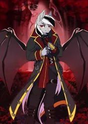 Size: 2480x3508 | Tagged: safe, artist:arctic-fox, derpibooru import, oc, oc:stormdancer, unofficial characters only, anthro, bat pony, vampire, vampony, anthro oc, assassin's creed, badass, bat pony oc, bat wings, black, blood moon, clothes, full moon, goth, gothic, high res, jewelry, male, metal claws, moon, red eyes, solo, stallion, wing ring, wings
