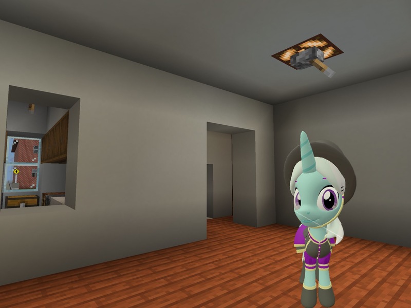 Size: 2048x1536 | Tagged: safe, artist:topsangtheman, derpibooru import, cornetta, pony, unicorn, 3d, clothes, hat, house, interior, kitchen, living room, looking at you, minecraft, photoshopped into minecraft, solo, source filmmaker, uniform