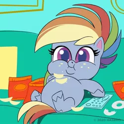 Size: 1080x1080 | Tagged: safe, derpibooru import, official, part of a set, screencap, rainbow dash, pegasus, pony, my little pony: pony life, belly, big belly, chips, chubby cheeks, couch, couch potato, crumbs, cute, dashabetes, donut, double chin, fat, female, fetish fuel, food, lazy, mare, messy eating, missing cutie mark, obese, on back, overweight, potato chips, rainblob dash, remote, sitting, slob, snacks, solo, tubby wubby pony waifu