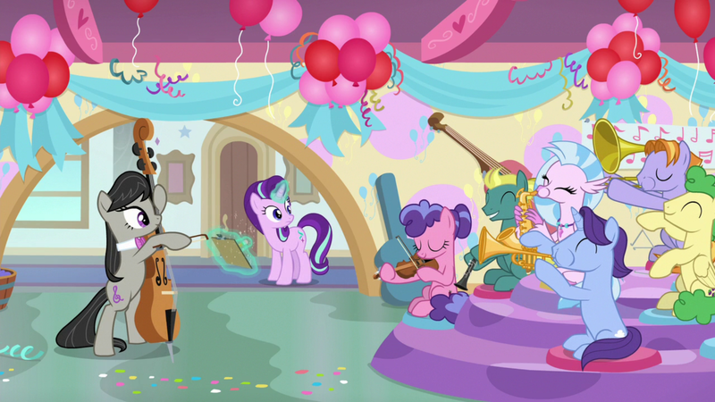 Size: 1920x1080 | Tagged: safe, derpibooru import, screencap, auburn vision, berry blend, berry bliss, end zone, huckleberry, november rain, octavia melody, silverstream, starlight glimmer, earth pony, hippogriff, pegasus, pony, unicorn, a horse shoe-in, balloon, confetti, female, friendship student, levitation, magic, magic aura, male, mare, musical instrument, saxophone, stallion, telekinesis, trombone, trumpet, violin