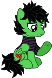 Size: 892x1339 | Tagged: safe, artist:lightningbolt, derpibooru import, ponified, pegasus, pony, .svg available, annoyed, billie joe armstrong, clothes, eyeliner, folded wings, green day, looking down, makeup, male, nose piercing, piercing, raised hoof, shirt, simple background, sitting, solo, stallion, striped shirt, svg, t-shirt, transparent background, underhoof, vector, wings