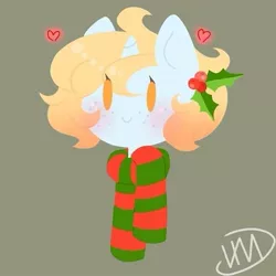 Size: 525x525 | Tagged: safe, artist:irinamar, derpibooru import, oc, unofficial characters only, pony, unicorn, bust, clothes, gray background, heart, holly, horn, scarf, signature, simple background, smiling, solo, unicorn oc