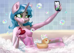 Size: 1920x1382 | Tagged: suggestive, artist:irinamar, derpibooru import, oc, unofficial characters only, anthro, unicorn, bath, bathroom, bathtub, belly button, breasts, bubble, female, heart, horn, image, jpeg, lipstick, mobile phone, nudity, phone, rubber duck, selfie, sitting, smartphone, solo, solo female, strategically covered, unicorn oc, water