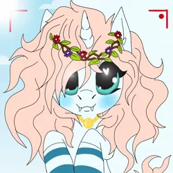 Size: 1080x1080 | Tagged: safe, artist:_wulfie, derpibooru import, oc, oc:angel paw, unofficial characters only, unicorn, blushing, bust, camera shot, clothes, cloud, fangs, floral head wreath, flower, heart eyes, horn, jewelry, necklace, smiling, socks, solo, striped socks, sun, unicorn oc, wingding eyes