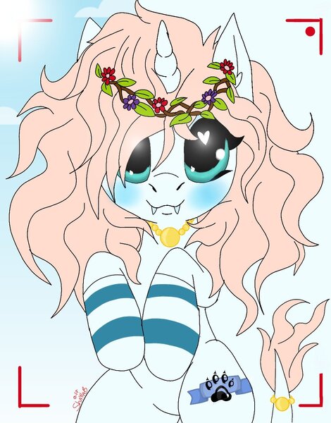 Size: 1075x1371 | Tagged: safe, alternate version, artist:_wulfie, derpibooru import, oc, oc:angel paw, unofficial characters only, unicorn, blushing, camera shot, clothes, cloud, fangs, floral head wreath, flower, heart eyes, horn, jewelry, leonine tail, necklace, paw prints, smiling, socks, solo, striped socks, sun, unicorn oc, wingding eyes