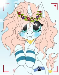 Size: 1075x1371 | Tagged: safe, alternate version, artist:_wulfie, derpibooru import, oc, oc:angel paw, unofficial characters only, unicorn, blushing, camera shot, clothes, cloud, fangs, floral head wreath, flower, heart eyes, horn, jewelry, leonine tail, necklace, paw prints, smiling, socks, solo, striped socks, sun, unicorn oc, wingding eyes