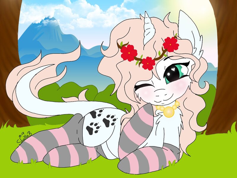 Size: 1442x1080 | Tagged: safe, artist:_wulfie, derpibooru import, oc, oc:angel paw, unofficial characters only, pony, unicorn, blushing, clothes, floral head wreath, flower, horn, jewelry, leonine tail, mountain, necklace, one eye closed, outdoors, paw prints, prone, smilnig, socks, solo, striped socks, tree, unicorn oc, wink