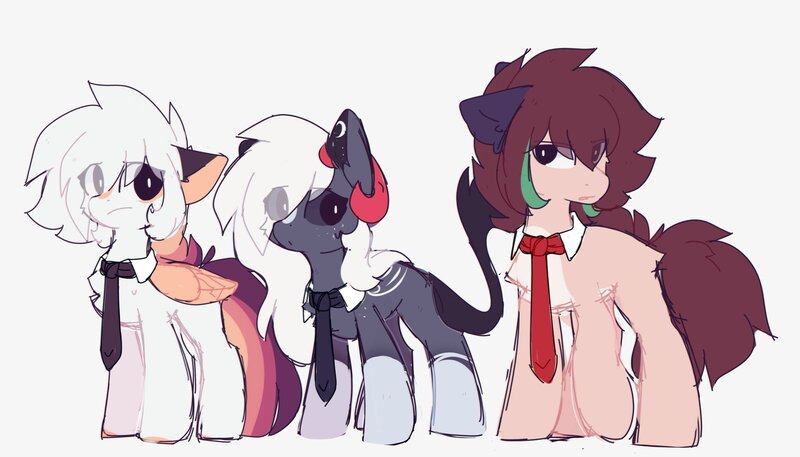 Size: 2120x1212 | Tagged: safe, artist:little-sketches, derpibooru import, oc, oc:ayaka, oc:masashi, oc:nightmare traveler, earth pony, pegasus, chest fluff, ear fluff, eye clipping through hair, female, horn, male, necktie