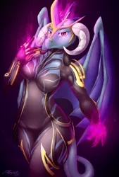 Size: 2370x3500 | Tagged: anthro, artist:azzunyr, breasts, crossover, derpibooru import, dragon, dragoness, ember (warframe), female, fire, glowing hands, high res, looking at you, namesake, princess ember, safe, serious, serious face, solo, warframe, wings