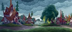 Size: 1920x841 | Tagged: artist:laura bifano, background, cloud, cloudy, derpibooru import, digital art, house, my little pony: the movie, no pony, nopony, overcast, safe, scenery, scenery porn, stormcloud, tempest's village, town, tree