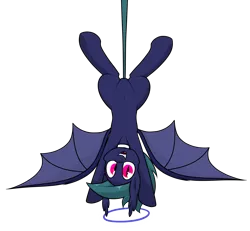 Size: 2332x2159 | Tagged: safe, artist:moonatik, derpibooru import, oc, oc:marcus bat, unofficial characters only, bat pony, pony, art trade, bat pony oc, bat wings, collar, featureless crotch, hanging, hanging by tail, hanging upside down, looking at you, male, simple background, solo, spread wings, stallion, transparent background, upside down, wings