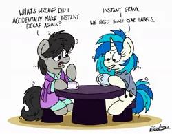 Size: 1024x793 | Tagged: safe, artist:bobthedalek, derpibooru import, octavia melody, vinyl scratch, earth pony, pony, unicorn, bathrobe, bed mane, chair, clothes, cup, duo, female, messy mane, morning ponies, pajamas, robe, saucer, table, teacup, tongue out