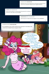 Size: 1000x1500 | Tagged: safe, artist:carouselunique, artist:honeycrisp-tales, derpibooru import, pinkie pie, oc, oc:honeycrisp blossom, honeycrisp tales, equestria girls, ask, dialogue, hand puppet, offspring, parent:big macintosh, parent:princess cadance, parents:cadmac, puppet, speech bubble, sugarcube corner