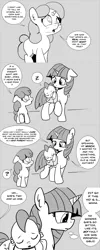 Size: 960x2400 | Tagged: safe, artist:mamatwilightsparkle, derpibooru import, spike, twilight sparkle, oc, oc:lilian, dragon, pony, unicorn, baby, baby spike, blind in one eye, clothes, comic, mama twilight, mama twilight sparkle, monochrome, overalls, sleeping, tumblr, younger