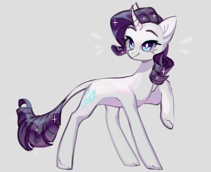 Size: 1083x883 | Tagged: safe, artist:bakawasemi, derpibooru import, rarity, pony, unicorn, curved horn, cute, elegant, fabulous, female, gray background, horn, leonine tail, mare, raised leg, raribetes, simple background, smiling, solo, sparkles