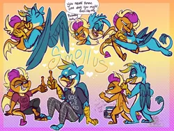 Size: 1080x810 | Tagged: safe, artist:g-elric, derpibooru import, gallus, smolder, dragon, gryphon, alcohol, beer, beer bottle, bottle, clothes, cuddling, dancing, don't you forget about me, female, kissing, male, pants, radio, shipping, shirt, simple minds, smollus, straight, the breakfast club