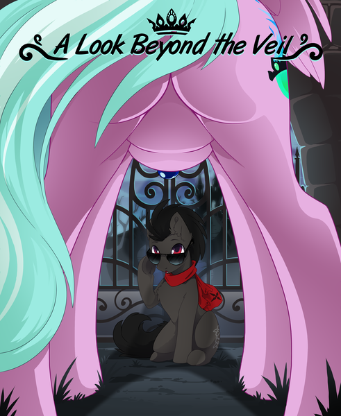 Size: 3057x3736 | Tagged: safe, artist:arctic-fox, derpibooru import, oc, oc:axl, oc:sapphire night, unofficial characters only, alicorn, earth pony, pony, alicorn oc, butt, castle, clothes, commission, female, for your eyes only, framed by legs, gate, horn, jewelry, male, mare, movie poster, necklace, plot, scarf, spooky, stallion, sunglasses, wings