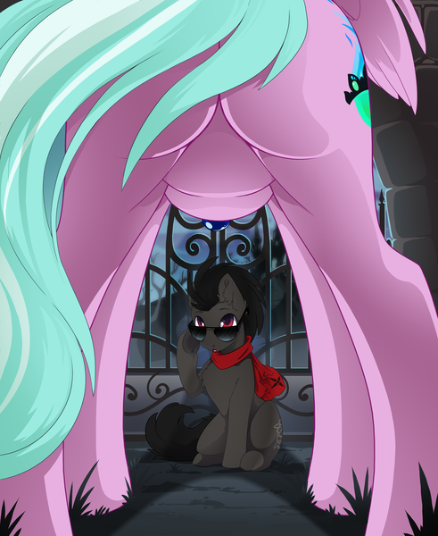 Size: 3057x3736 | Tagged: suggestive, alternate version, artist:arctic-fox, derpibooru import, oc, oc:axl, oc:sapphire night, unofficial characters only, alicorn, earth pony, pony, alicorn oc, butt, clothes, commission, female, framed by legs, horn, jewelry, male, mare, plot, scarf, spooky, stallion, sunglasses, wings