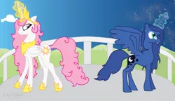 Size: 1500x861 | Tagged: alicorn, artist:ambears, artist:theambears, balcony, day, derpibooru import, female, jealous, lullaby for a princess, magic, night, opposite, pink-mane celestia, princess celestia, princess luna, role reversal, s1 luna, safe, siblings, sisters