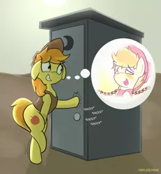 Size: 2041x2207 | Tagged: safe, artist:triplesevens, derpibooru import, braeburn, pony, bipedal, crossed legs, desert, desperate, desperation, implied urine, knocking, male, need to pee, omorashi, outdoors, outhouse, peegasm, pissing, potty dance, potty emergency, potty time, solo, thought bubble, urine