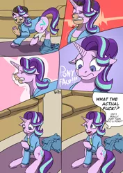 Size: 2480x3507 | Tagged: apartment, artist:mcsplosion, comic, comic:horsemates, couch, derpibooru import, human to pony, kitchen, living room, magic, male to female, phone, rule 63, safe, starlight glimmer, transformation, transgender transformation, vulgar