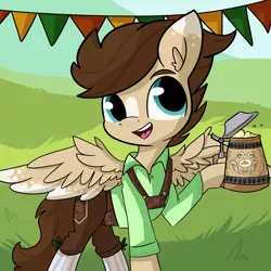 Size: 2250x2250 | Tagged: safe, artist:tjpones, derpibooru import, oc, oc:skittle, unofficial characters only, pegasus, pony, cider, clothes, colored wings, lederhosen, male, open mouth, solo, spread wings, stallion, wings