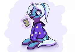 Size: 1854x1284 | Tagged: safe, artist:wallparty, derpibooru import, trixie, pony, unicorn, :p, alternate hairstyle, babysitter trixie, clothes, coffee cup, cup, cute, diatrixes, eye clipping through hair, female, gameloft, gameloft interpretation, hoodie, magic, mare, pigtails, simple background, sitting, solo, telekinesis, tongue out