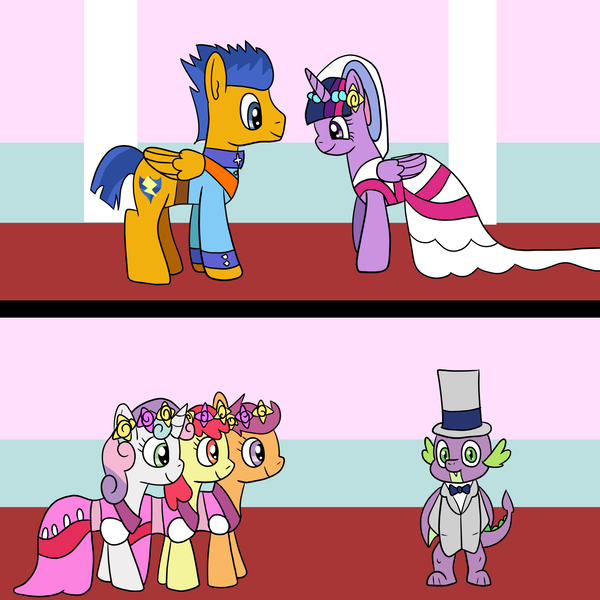 Size: 1600x1600 | Tagged: safe, artist:platinumdrop, derpibooru import, apple bloom, flash sentry, scootaloo, spike, sweetie belle, twilight sparkle, twilight sparkle (alicorn), alicorn, bride, clothes, cutie mark crusaders, dress, female, flashlight, flower, flower filly, flower girl, flower girl dress, hat, male, marriage, shipping, straight, top hat, tuxedo, uniform, wedding, wedding dress