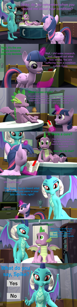 Size: 1920x7560 | Tagged: 3d, alicorn, artist:papadragon69, book, choice, comic, comic:spike's cyosa, cyoa, derpibooru import, dragon, emberspike, female, looking at you, male, offscreen character, older, older spike, pov, princess ember, safe, school of friendship, sfm pony, shipping, source filmmaker, spike, straight, teenager, teenage spike, twilight sparkle, twilight sparkle (alicorn), winged spike