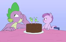 Size: 1206x780 | Tagged: safe, artist:carnifex, derpibooru import, spike, oc, oc:lavender, dracony, dragon, hybrid, pony, :t, birthday cake, blue background, blushing, cake, candle, cute, father and child, father and daughter, female, fire, food, glare, grumpy, interspecies offspring, joke, looking away, male, nose wrinkle, ocbetes, offspring, older, older spike, parent:rarity, parent:spike, parents:sparity, pouting, puffy cheeks, scrunchy face, simple background, smiling, trollspike, unamused