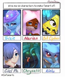 Size: 1242x1464 | Tagged: safe, artist:alphadesu, derpibooru import, marian, queen chrysalis, trixie, changeling, changeling queen, fox, human, riolu, six fanarts, :p, anthro with ponies, bill cipher, bowtie, bust, ciel phantomhive, clothes, crossover, disney's robin hood, female, fire, gravity falls, hair over one eye, hat, kuroshitsuji, maid marian, male, open mouth, pokémon, robin hood, tongue out