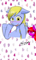 Size: 1700x2800 | Tagged: artist:sasaki-kasumi, blushing, derpibooru import, derpy hooves, heart, oc, oc:donna, safe