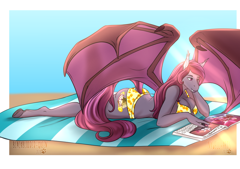 Size: 4051x2865 | Tagged: suggestive, artist:blackblood-queen, derpibooru import, oc, oc:daniel dasher, oc:magenta scroll, oc:vienna bates, unofficial characters only, anthro, bat pony, bat pony oc, bat wings, beach, big breasts, bikini, breasts, clothes, digital art, fangs, female, high res, magazine, mare, prone, reading, slit eyes, smiling, solo, solo female, spread wings, swimsuit, wings