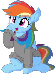 Size: 5766x7699 | Tagged: safe, artist:cyanlightning, derpibooru import, rainbow dash, pegasus, pony, .svg available, absurd resolution, clothes, cute, dashabetes, ear fluff, female, folded wings, hoodie, looking up, mare, open mouth, simple background, sitting, solo, sweater, transparent background, vector, wings