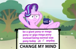 Size: 1024x662 | Tagged: safe, artist:calebtyink, derpibooru import, starlight glimmer, pony, unicorn, :i, change my mind, engrish, female, floppy ears, giant anthro, giant pony, giantess, giga mega giant, i mean i see, macro, mega giant, mega pony, meme, solo