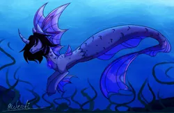 Size: 4425x2878 | Tagged: safe, artist:qwertichan, derpibooru import, ponified, ponified:kellin quinn, pony, siren, cloven hooves, commission, curved horn, fins, fish tail, horn, male, ocean, scales, signature, sleeping with sirens, solo, swimming, underwater, water, ych result