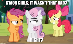 Size: 812x499 | Tagged: safe, derpibooru import, edit, edited screencap, screencap, apple bloom, scootaloo, sweetie belle, earth pony, pegasus, pony, unicorn, brotherhooves social, awkward smile, caption, cutie mark crusaders, female, filly, image macro, meme, scootaloo is not amused, sweetie belle is not amused, text, unamused