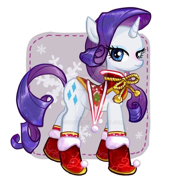 Size: 1024x1024 | Tagged: safe, artist:han_hyui, derpibooru import, rarity, pony, unicorn, abstract background, boots, christmas, clothes, cute, deviantart watermark, female, holiday, looking at you, mare, obtrusive watermark, raribetes, saddle, shoes, snow, snowflake, solo, tack, watermark