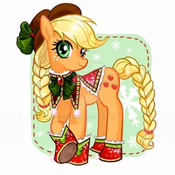 Size: 1024x1024 | Tagged: safe, artist:han_hyui, derpibooru import, applejack, earth pony, pony, abstract background, bow, braid, braided tail, christmas, cowboy hat, cute, female, hat, holiday, jackabetes, looking at you, mare, snow, snowflake, solo