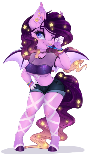 Size: 1920x3213 | Tagged: suggestive, artist:silent-shadow-wolf, derpibooru import, oc, oc:luminary lust, anthro, bat pony, unguligrade anthro, 2020, 2020s, armpits, breasts, busty oc, clothes, daisy dukes, denim shorts, female, freckles, hand on hip, multicolored mane, multicolored tail, piercing, purple eyes, shorts, simple background, solo, solo female, tomboy, transparent background, underboob