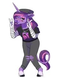 Size: 1500x2000 | Tagged: safe, artist:uunicornicc, derpibooru import, oc, oc:pyxis, anthro, unguligrade anthro, unicorn, clothes, female, magical lesbian spawn, offspring, pants, parent:starlight glimmer, parent:twilight sparkle, parents:twistarlight, shirt, simple background, solo, white background