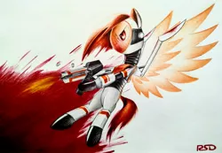 Size: 3927x2713 | Tagged: semi-grimdark, artist:rsd500, derpibooru import, oc, pony, armor, blood, clothes, cyberpunk, fire, gun, jumping, machine gun, red eyes, red mane, robotic wing, shooting, simple background, strafe, suit, traditional art, weapon, white background, wings