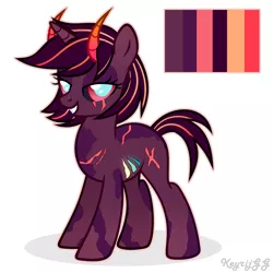 Size: 2000x2000 | Tagged: safe, artist:keyrijgg, derpibooru import, oc, unnamed oc, unofficial characters only, demon, demon pony, original species, pony, unicorn, adoptable, art, auction, colored pupils, colored sclera, female, grin, horn, horns, image, lidded eyes, looking at you, mare, png, reference, reference sheet, scar, signature, simple background, smiling, solo, watermark, white background