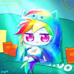 Size: 1080x1080 | Tagged: safe, artist:bronyazaych, derpibooru import, rainbow dash, equestria girls, my little pony: pony life, belly, big belly, chibi, chips, chubby cheeks, clothes, costume, couch, couch potato, crumbs, cute, dashabetes, equestria girls interpretation, fat, female, food, himouto! umaru-chan, kigurumi, mare, on back, rainblob dash, remote, scene interpretation, sitting, solo